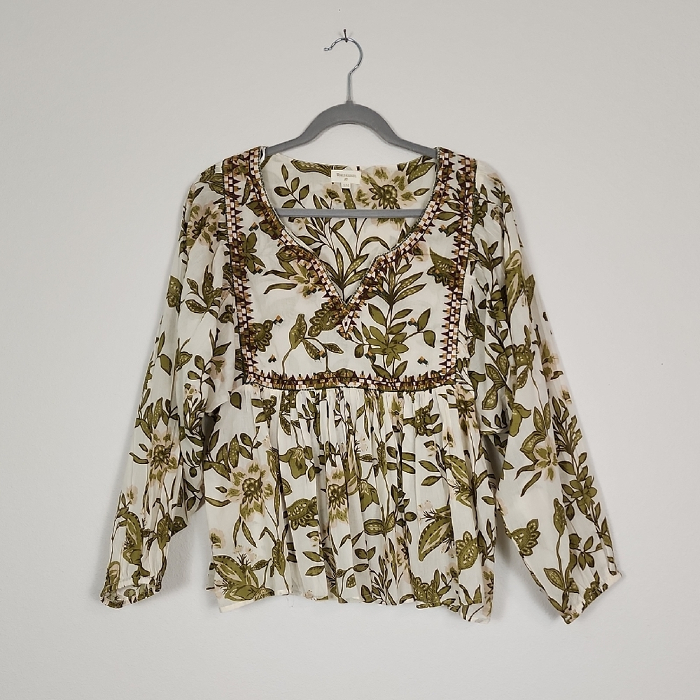 Cost Plus World Market Green and Cream Floral Blouse